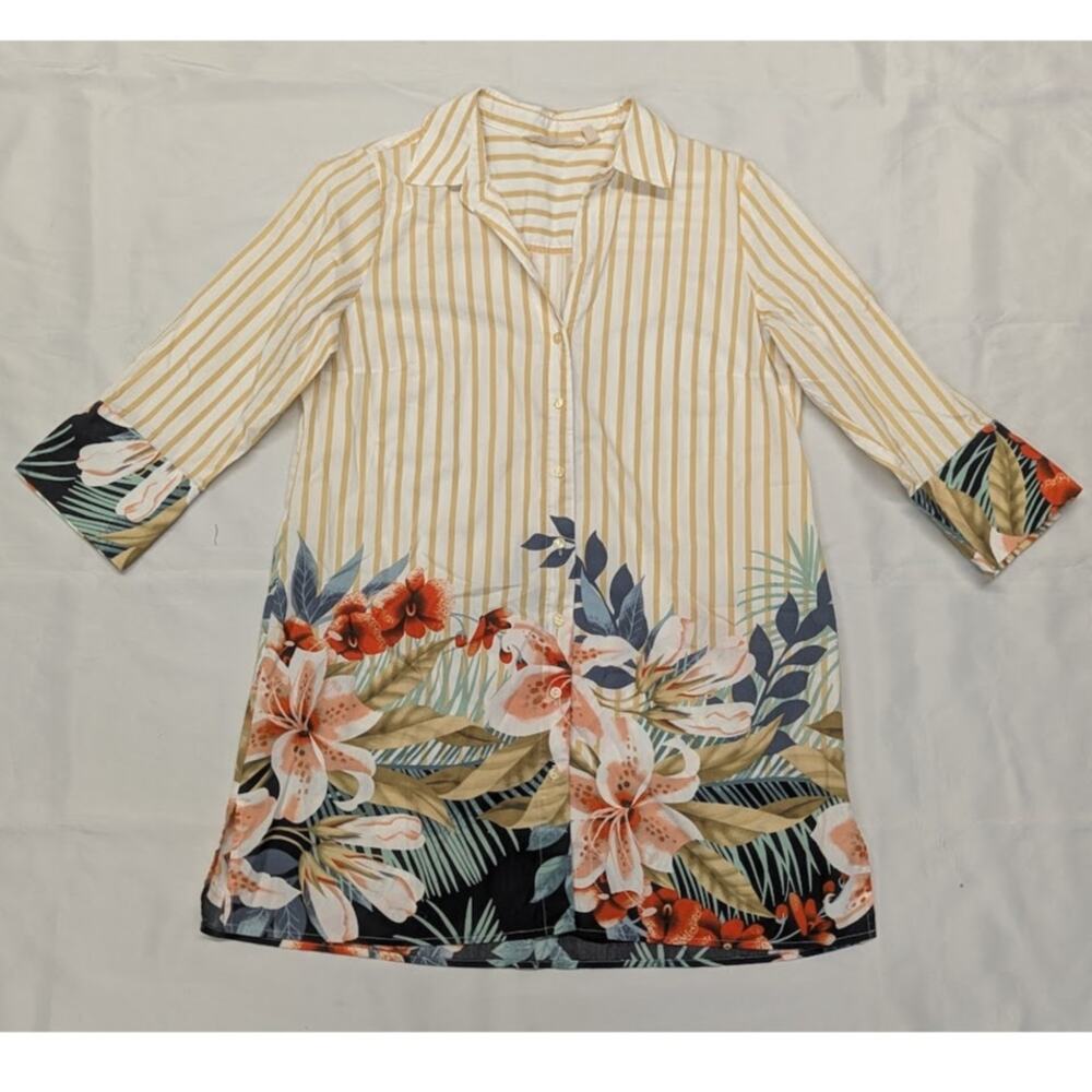 SOFT SURROUNDINGS Striped Floral TUNIC Button-Up Stretchy Cotton Blend 3/4 M